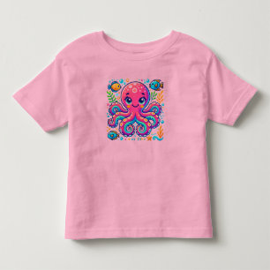 Söt Illustrerad Bläckfisk med Färgrika Fiskar T Shirt