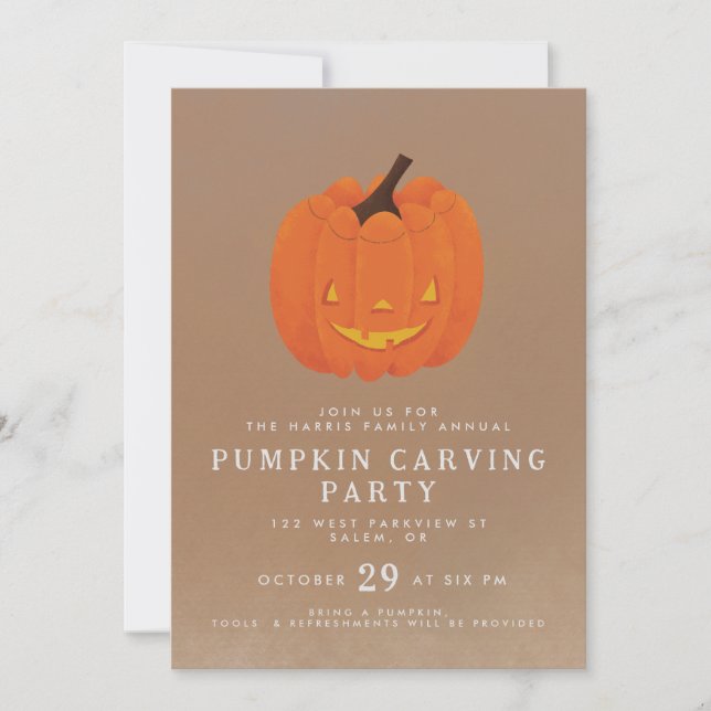 Söt, illustrerad jack o' lantern pumpadesign inbjudningar (Framsida)