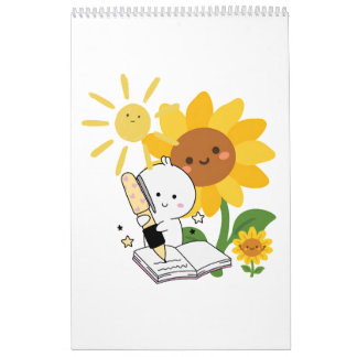 Söt Illustrerad Karaktär med Solrosor Vägg Ca Kalender