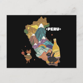 Söt illustrerad karta över Machu Picchu och alpaca Vykort
