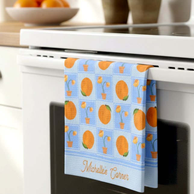 Söt Illustrerad Persika & Blomkruka Köksduk Kökshandduk (Cute peaches & flowers with stitched charm. Customizable dish cloth for your kitchen.)