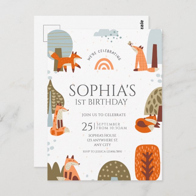 Söt illustrerad räv skogsdjur första födelsedag vykort (Fram/baksida)