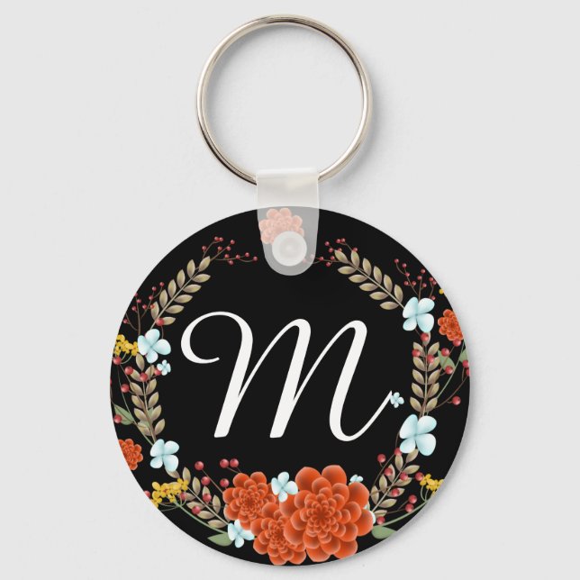 Söt Illustrerat blomma och Laurel-andningsmonogram Nyckelring (Framsida)