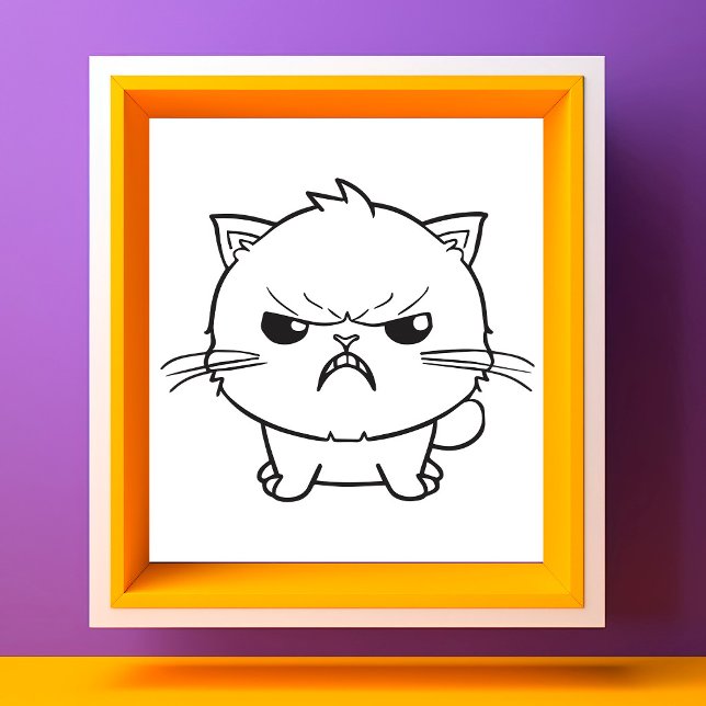 Söt Ilsken väsande katt Linje Konst Illustration Fototryck (Cute Angry hissing Cat Line Art Illustration. Photo Print )