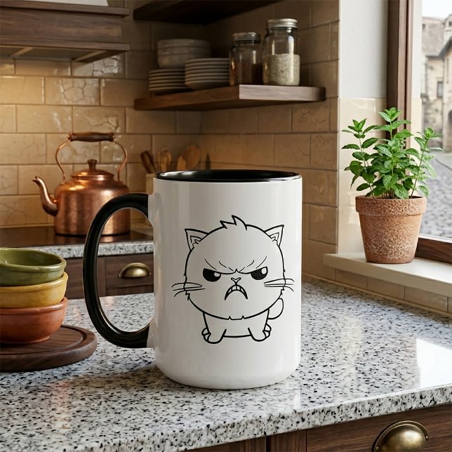 Söt Ilsken väsande katt Linje Konst Illustration Mugg (Cute Angry hissing Cat Line Art Illustration. Mug)
