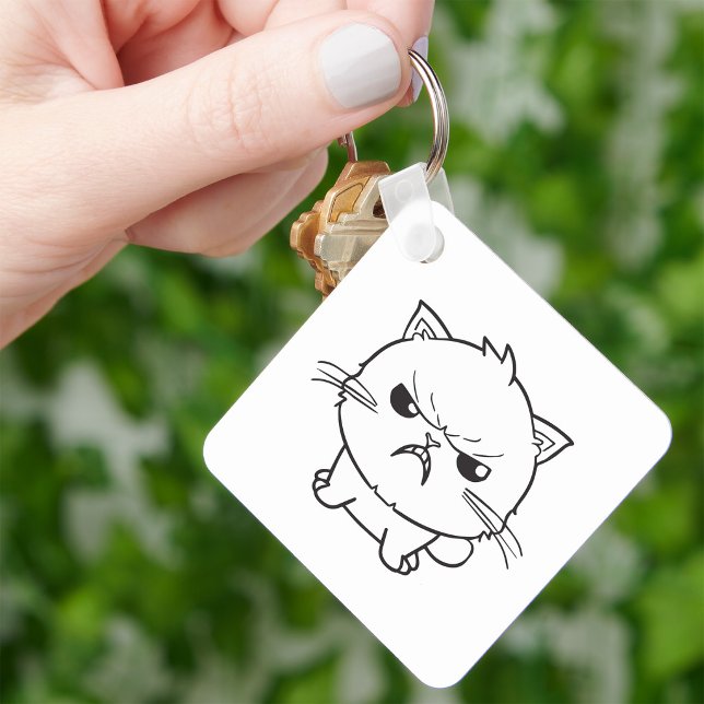 Söt Ilsken väsande katt Linje Konst Illustration Nyckelring (Cute Angry hissing Cat Line Art Illustration. Keychain)