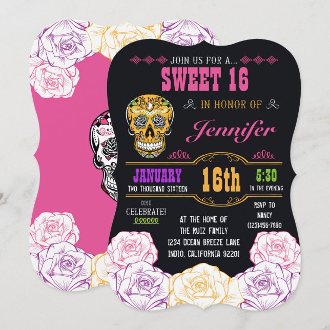 Söt inbjudan för 16 day of the dead sockerskalle (Fram/baksida)