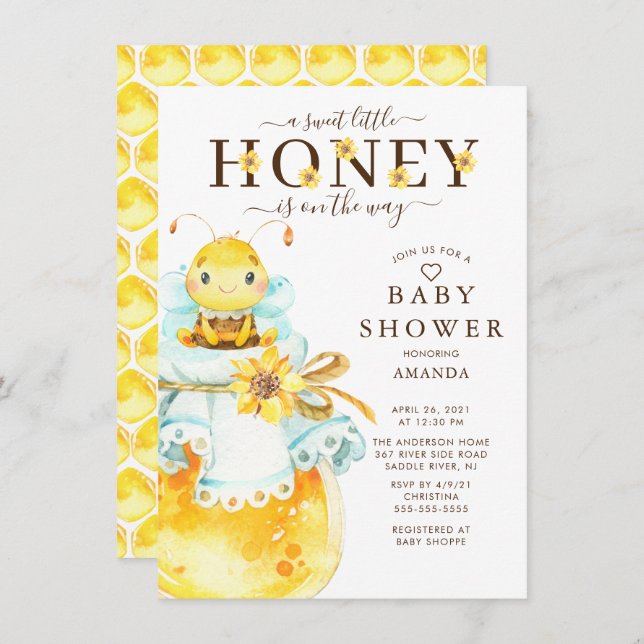 Söt inbjudan till Baby Bee Baby Shower (Fram/baksida)