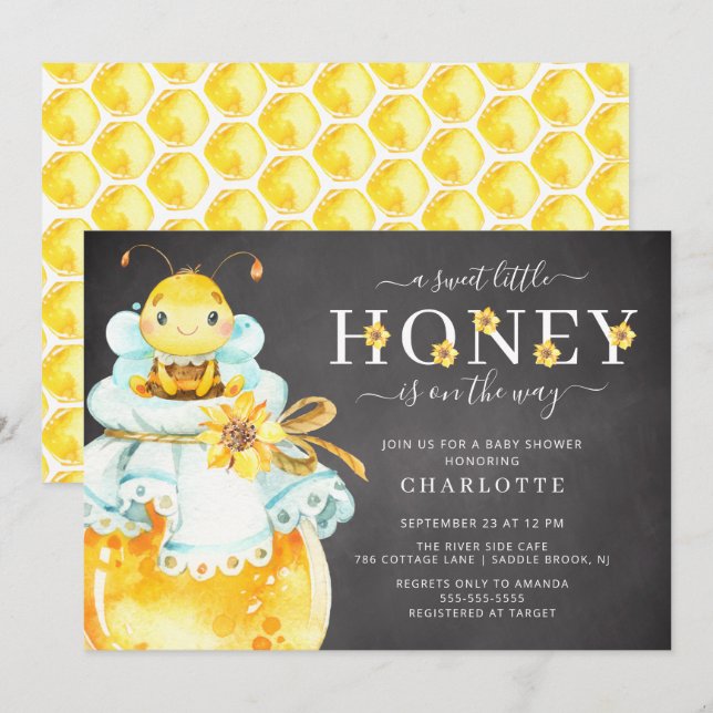 Söt inbjudan till Baby Bee Baby Shower (Fram/baksida)
