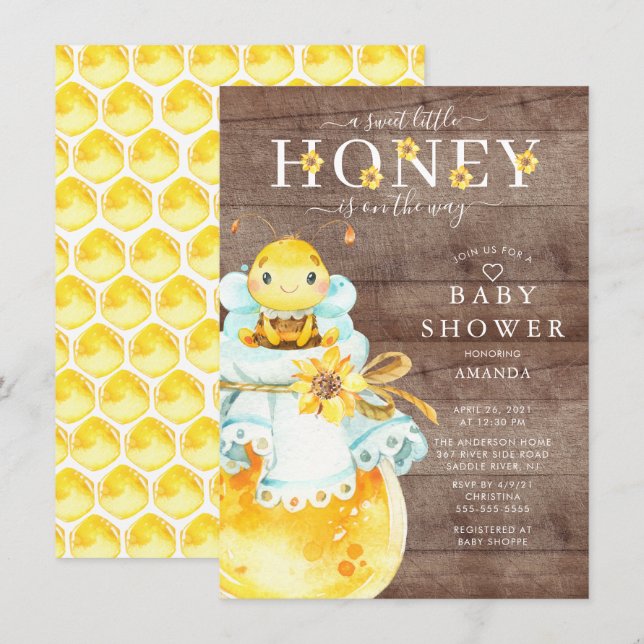 Söt inbjudan till Baby Bee Baby Shower (Fram/baksida)