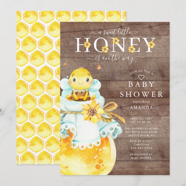 Söt inbjudan till Baby Bee Baby Shower (Fram/baksida)