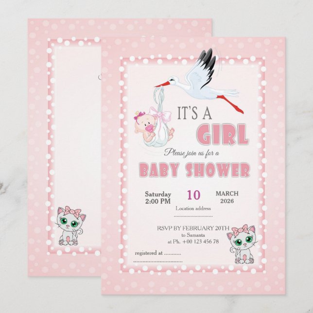 Söt inbjudan till baby shower - det är en flicka! (Fram/baksida)