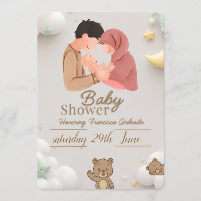 Söt inbjudan till baby shower för par med teddy (Framsida)