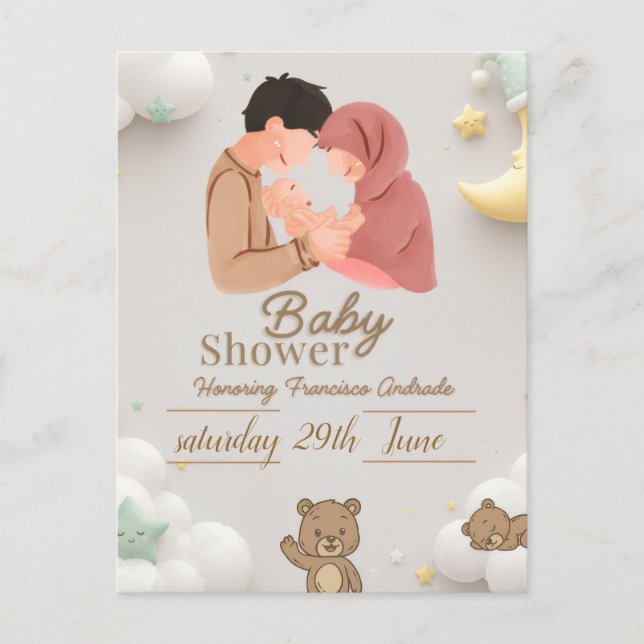 Söt inbjudan till baby shower för par med teddy (Framsida)