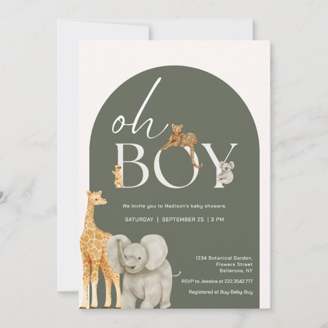 Söt inbjudan till baby shower med djungeldjur (Framsida)