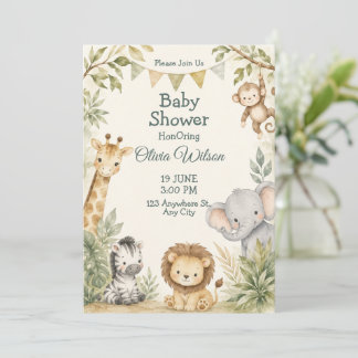 Söt inbjudan till baby shower med djur i djungeln