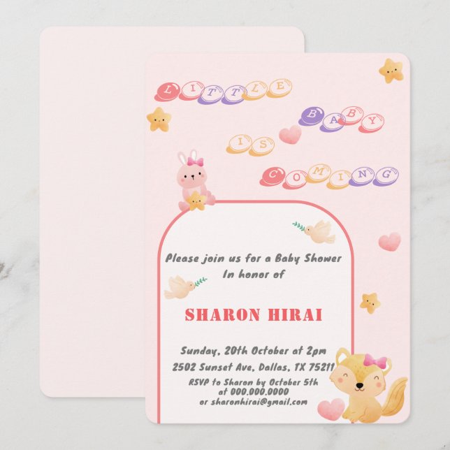 Söt inbjudan till baby shower - Rosa (Fram/baksida)