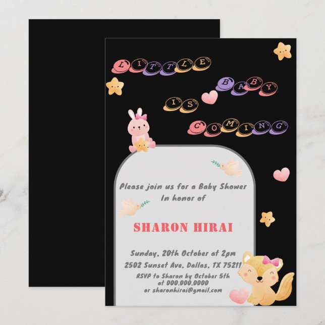 Söt inbjudan till baby shower - Svart (Fram/baksida)