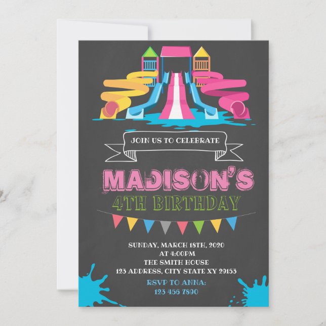 Söt inbjudan till födelsedagsfest på vattenpark (Framsida)