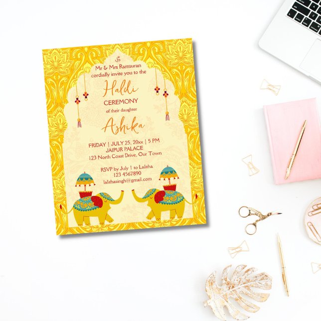 Söt indisk bröllopselefanter budget haldi-inbjudan (Joly Indian wedding elephants yellow oriental pattern background Haldi Budget Invitation)