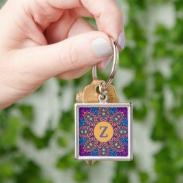 Söt Initierad Mandala-Nyckelring Fyrkantig Silverfärgad Nyckelring