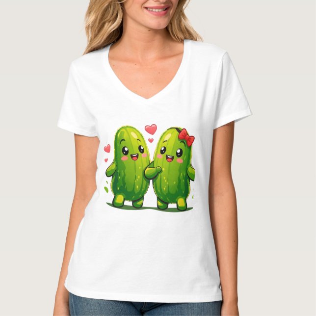 Söt inlagd gurka-par rolig Kawaii Gurkor T-shirt f (Framsida)