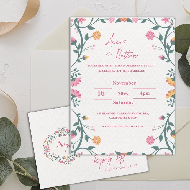 Söt Intricate Blommigt Ram bröllopsinbjudan Vykort (Pretty Intricate Floral Frame Wedding Invitation Postcard)