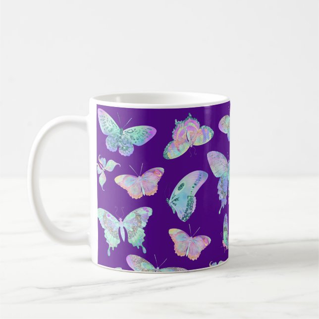 Söt Iridescent Butterflies on Lila Kaffemugg (Vänster)