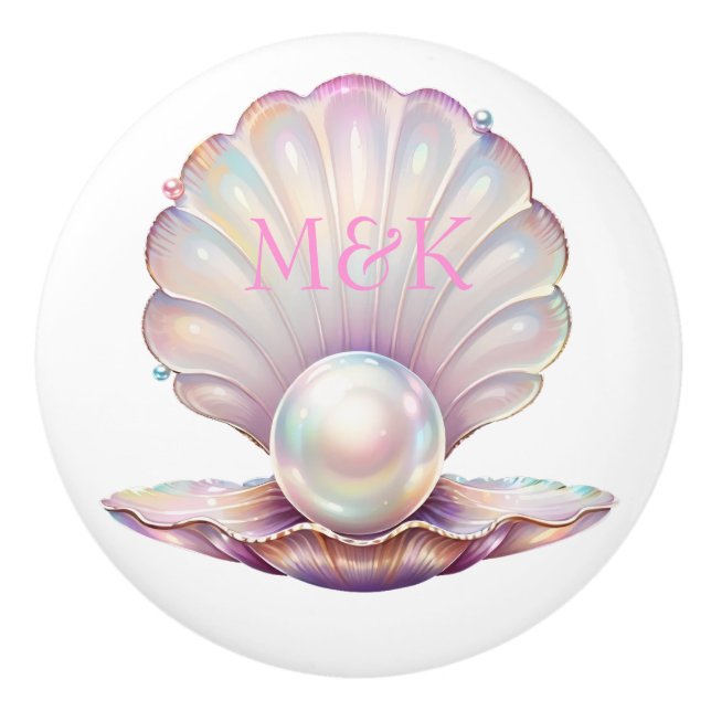 Söt Iridescent Pearl Clamshell Rosa Monogram Knopp (Framsidan)
