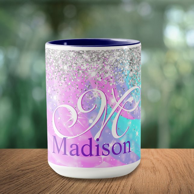 Söt iriserande enhörning silver glittermonogram mugg (Skapare uppladdad)
