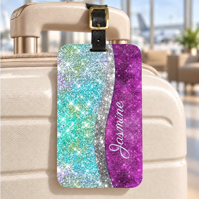 Söt iriserande lila turkos falsk glittermonogram bagagebricka (Skapare uppladdad)