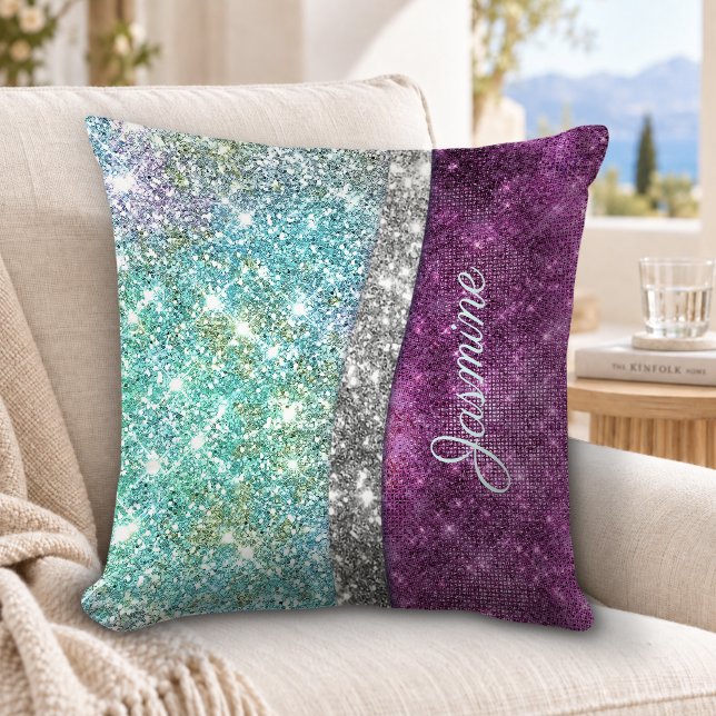 Söt iriserande lila turkos falsk glittermonogram kudde (Skapare uppladdad)