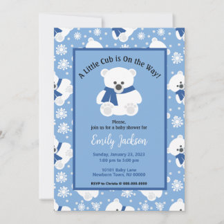 Söt Isbjörn och Snöflingor Baby Shower Inbjudningar