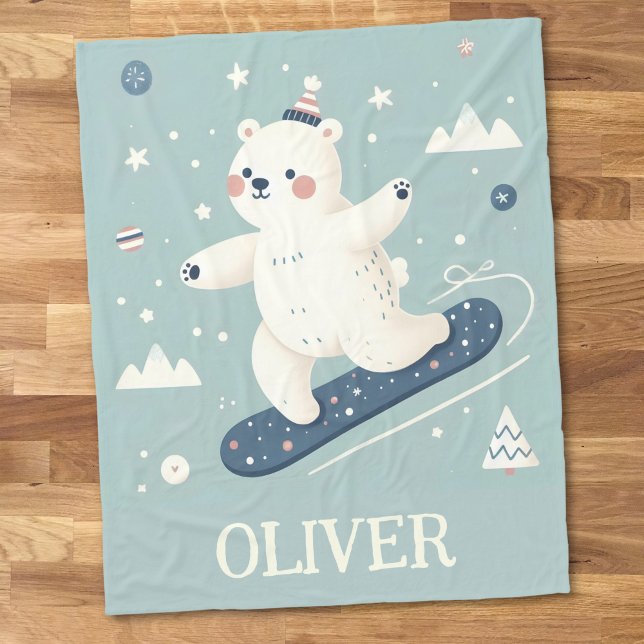 Söt isbjörn på snowboard fleecefilt (Skapare uppladdad)