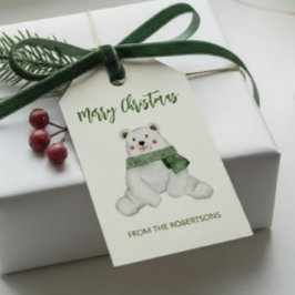Söt isbjörn som bär grön halsduk jul presentetikett