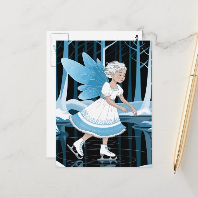 Söt isdansande älva på vinterdamm vykort (Fram/Back In Situ)