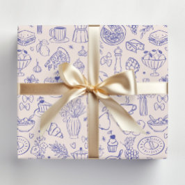 Söt italiensk mat och blommor kök ritad för hand presentpapper