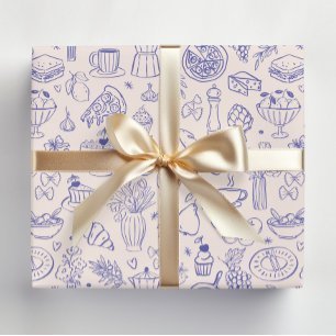 Söt italiensk mat och blommor kök ritad för hand presentpapper