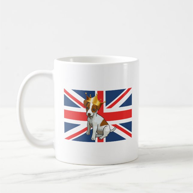 Söt Jack Russell som bär en krona och Union Jack Kaffemugg (Vänster)