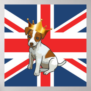 Söt Jack Russell som bär en krona och Union Jack Poster