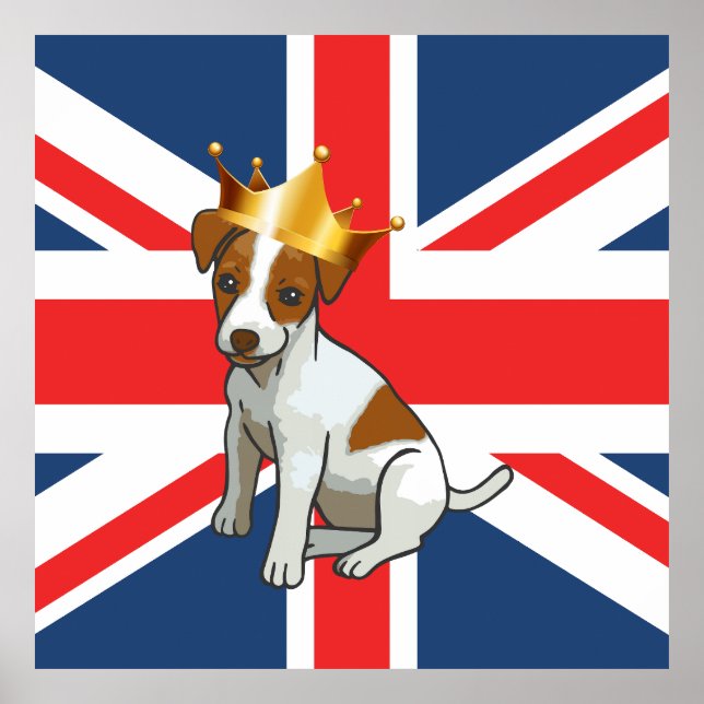 Söt Jack Russell som bär en krona och Union Jack Poster (Framsidan)