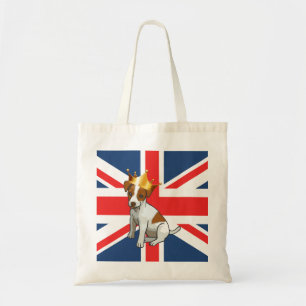 Söt Jack Russell som bär en krona och Union Jack Tygkasse