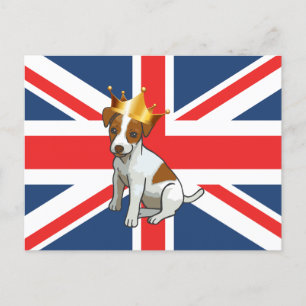 Söt Jack Russell som bär en krona och Union Jack Vykort