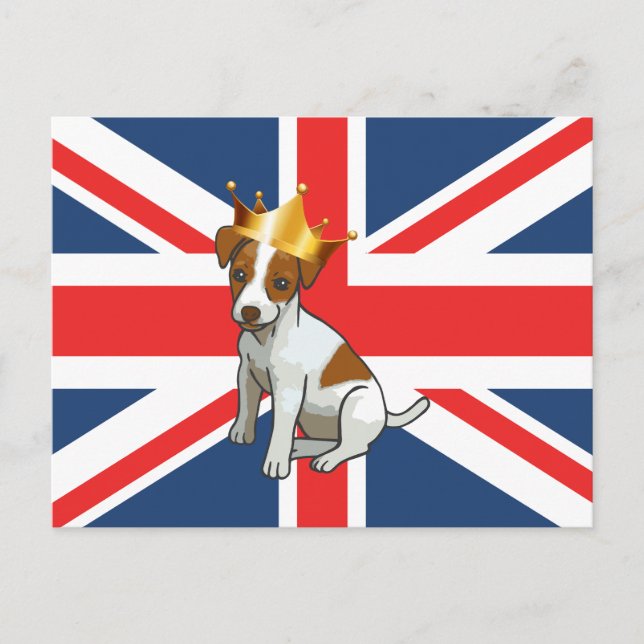 Söt Jack Russell som bär en krona och Union Jack Vykort (Framsida)