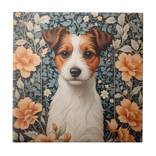 Söt Jack Russell Terrier William Morris Inspirerad Kakelplatta (Framsidan)