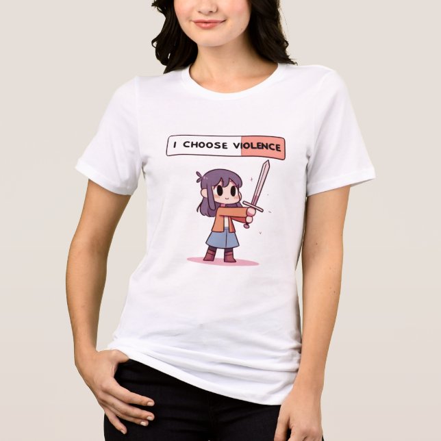Söt "Jag väljer våld" Pixel Art Tjej med Svärd T Shirt (Framsida)