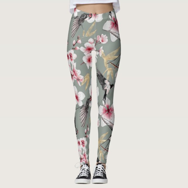Söt Japans Rosa Cherry Blommar Mönster Leggings (Framsida)