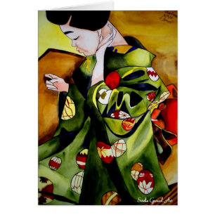 Söt japansk geisha original akvarellkonst hälsningskort