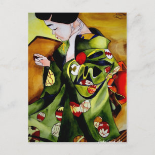 Söt japansk geisha original akvarellkonst vykort