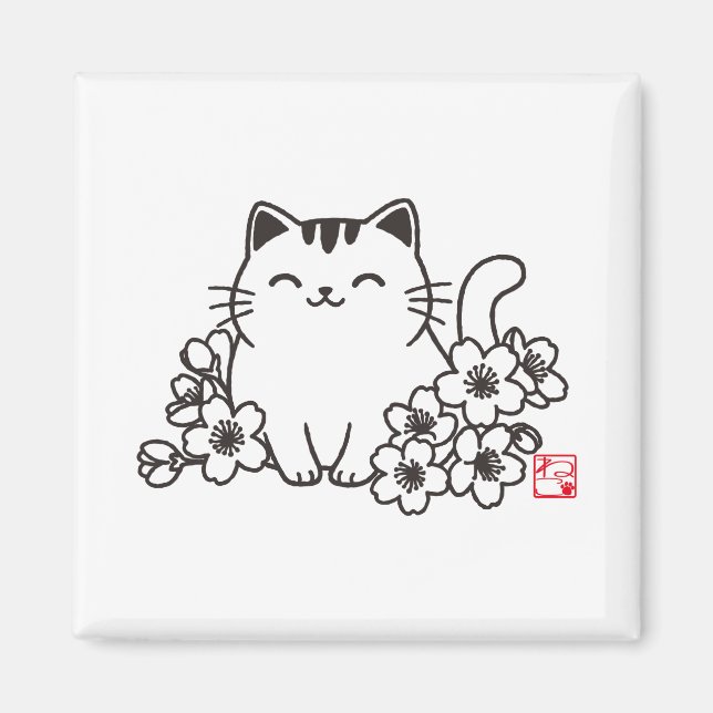 Söt japansk katt och Sakura med "Neko"-stämpel Magnet (Framsidan)